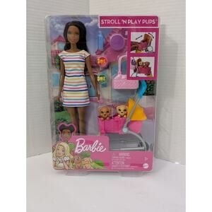 2019 Black Barbie Stroll & Play Pups Playset Doll Transforming Stroller 2 Pets